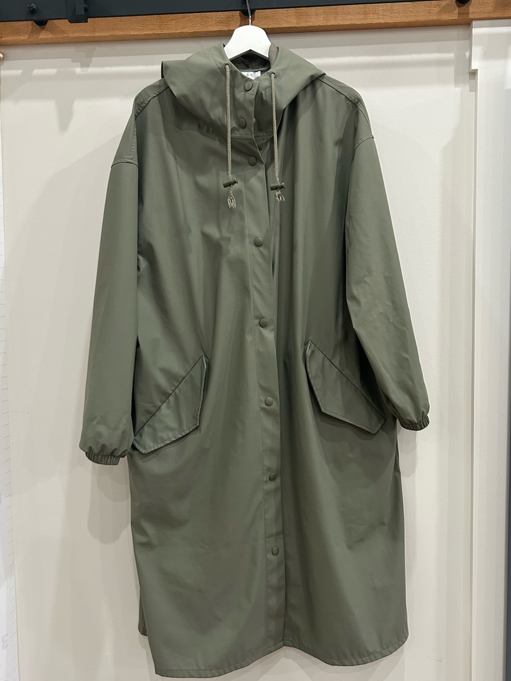 Olive Green Hooded Trench Coat with Snap Front